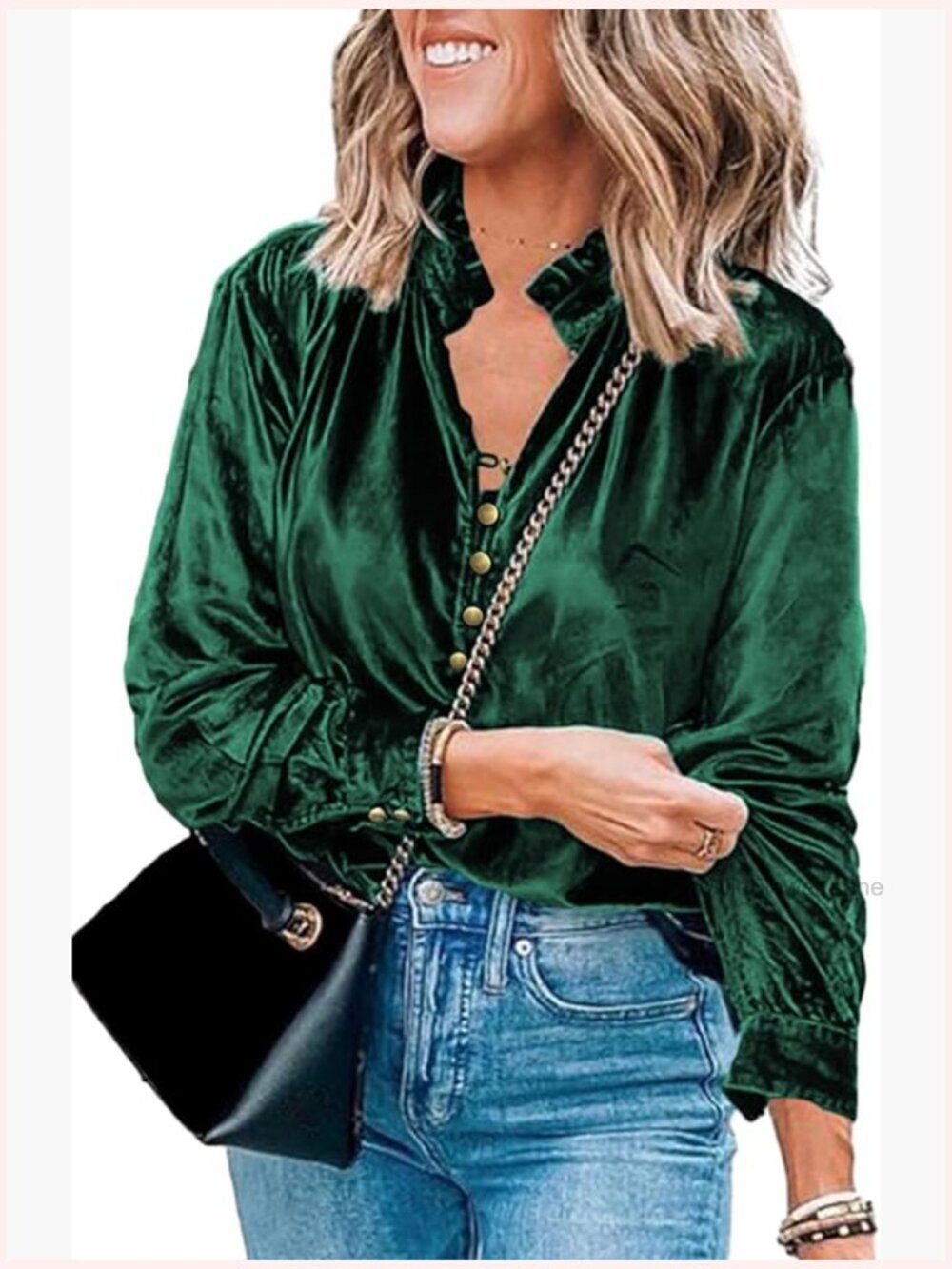 Frilled Neck Velvet Blouse Long Sleeve V-Neck Button Front Tunic Top